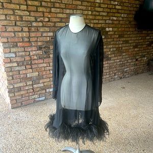 Stunning Black sheer tunic with Ostrich Feather trim Fits L-XL